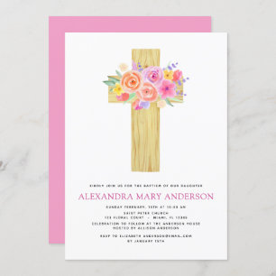 Baptême Pastel Floral Rose Croix Invitation