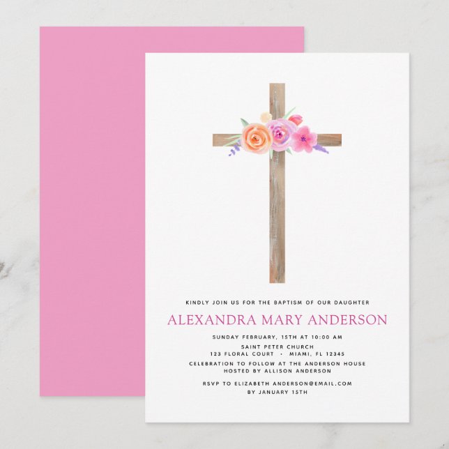 Baptême Pastel Floral Rose Croix Invitation (Devant / Derrière)