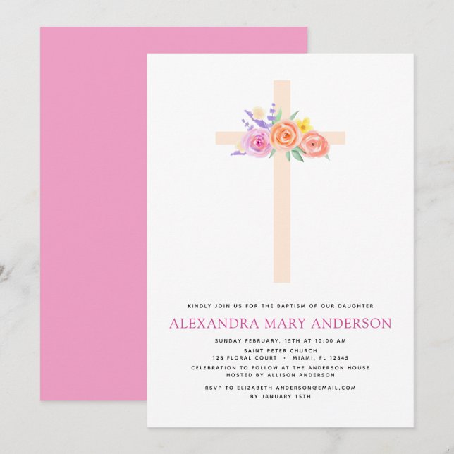Baptême Pastel Floral Rose Croix Invitation (Devant / Derrière)