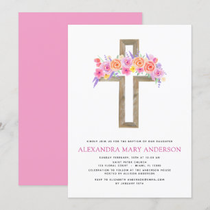 Baptême Pastel Floral Rose Croix Invitation