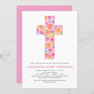 Baptême Pastel Floral Rose Croix Invitation