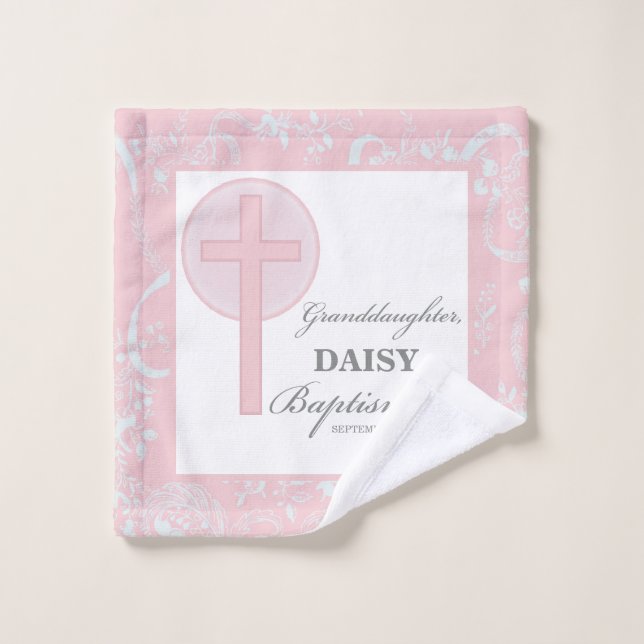 Baptême Petite-fille Dentelle rose Personnalisée (Gant de toilette)