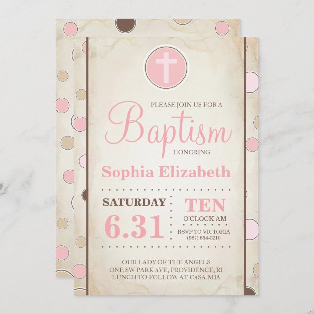 Baptême Pink Polka Invitation - Baby Girl (Devant / Derrière)