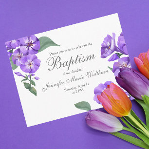 Baptême Plutôt Purple Floral Aquarelle Invitation