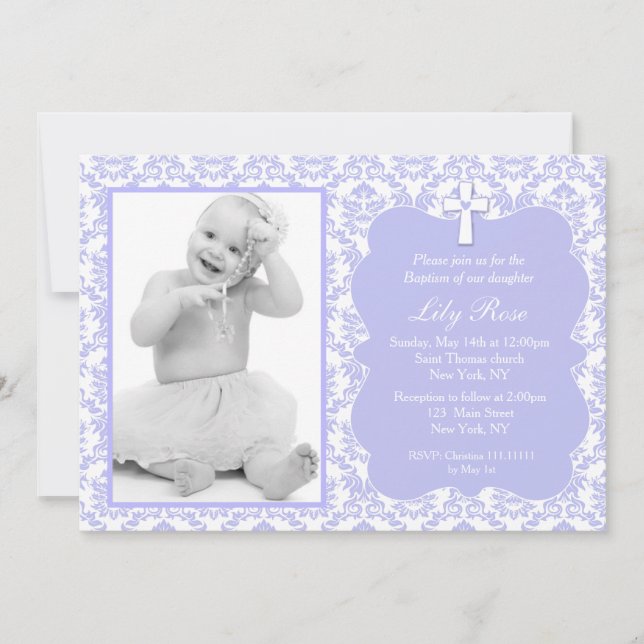 Baptême pourpre Damas Invitations pour fille (Devant)