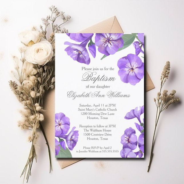 Baptême Purple Floral Aquarelle Jolie Invitation (Créateur téléchargé)
