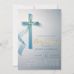 Baptême Religieux Élégant Dusty Blue Invitations