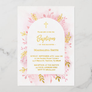 Baptême rose aquarelle or feuille invitation