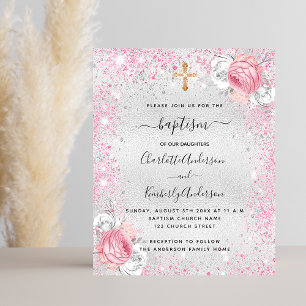 Baptême rose argent jumeaux floral invitation budg