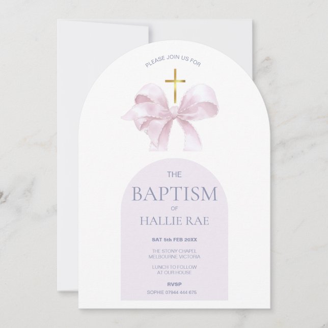 Baptême rose et croix or Invitation gravée (Devant)