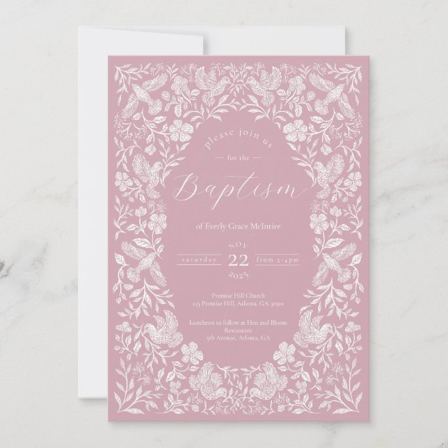 Baptême rose floral Birdie Baby Invitation (Devant)