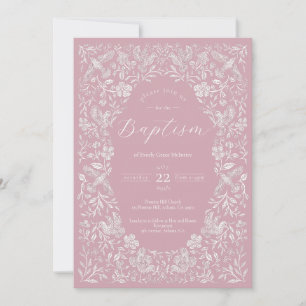 Baptême rose floral Birdie Baby Invitation