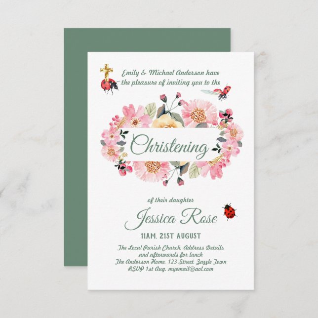 Baptême rose floral Invitations (Devant / Derrière)