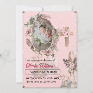 Baptême rose florale bébé Invitation   Minim moder