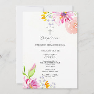 Baptême rose Invitations Godparents Nom Fleurs