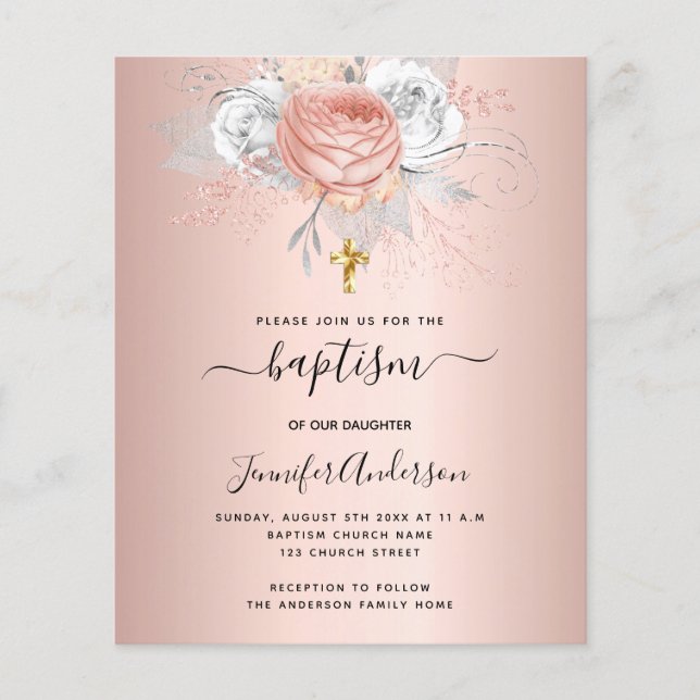 Baptême rose or florales fille invitation (Devant)