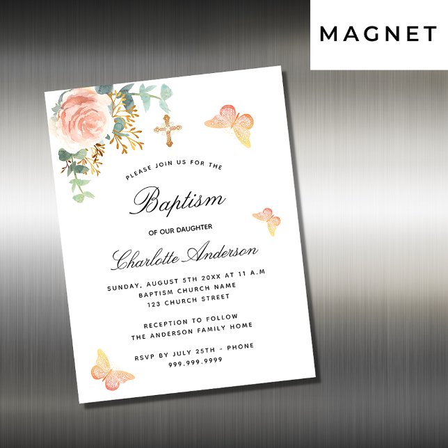 Baptême rose papillon floral aimant invitation (Créateur téléchargé)