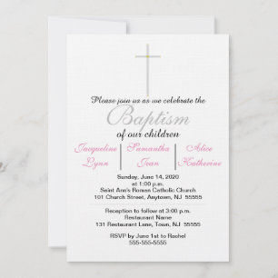 Baptême rose Triplet Invitation