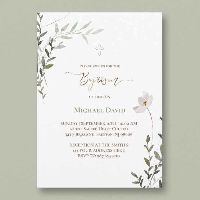Baptême sauge vert aquarelle feuillage invitation (Créateur téléchargé)