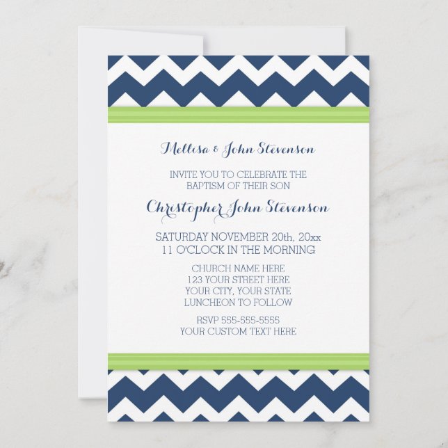 Baptême Vert Bleu Chevron Invitation (Dos)