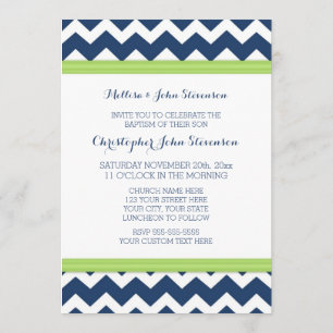 Baptême Vert Bleu Chevron Invitation