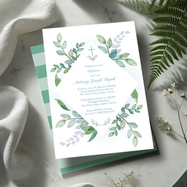 Baptême vert Invitations Garçon (Baptism invitations boy watercolor greenery)