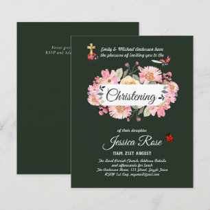 Baptême vert rose floral Invitations