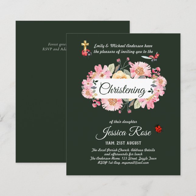 Baptême vert rose floral Invitations (Devant / Derrière)