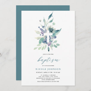 Baptême Violet Bleu Florales Élégance Invitation