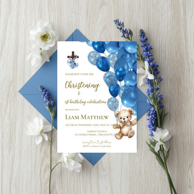 Baptism and first birthday invitation with balloon (Créateur téléchargé)