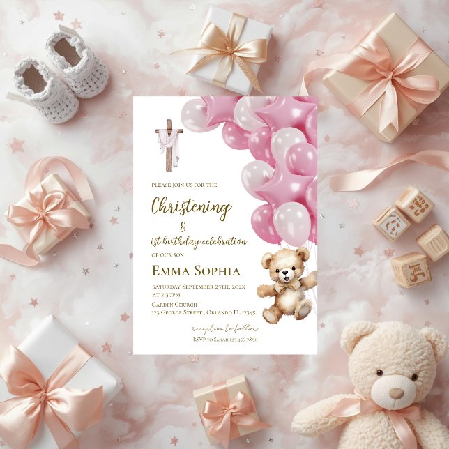 Baptism and first birthday invitation with balloon (Créateur téléchargé)