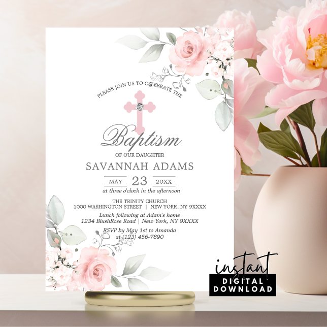 BAPTISM Aquarelle Rose Rose Girl Invitation (BAPTISM Watercolor Pink Rose Girl Invitation | Christening Flowers Cross)