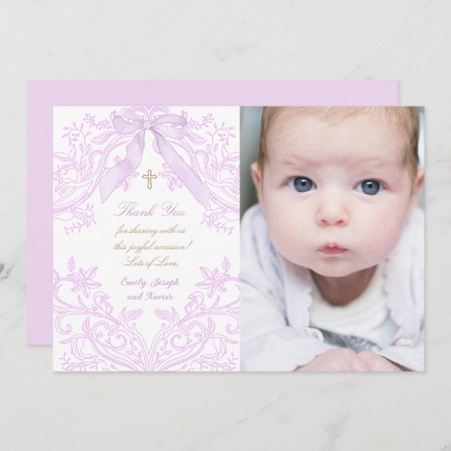 Baptism baby girl lilac design thank you card (Devant / Derrière)