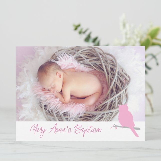 Baptism baby girl owl bird photo invitation card (Debout devant)