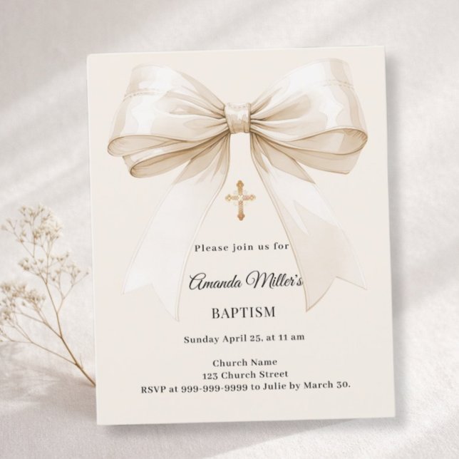 Baptism beige bow elegant invitation (Créateur téléchargé)