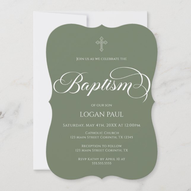 Baptism boho modern Green Invitation (Devant)