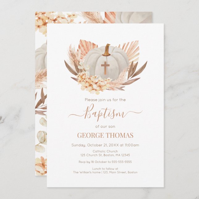 Baptism Boho Pampas white Pumpkin Invitation  (Devant / Derrière)