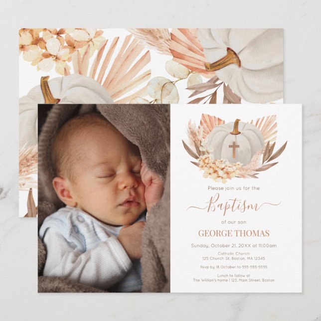 Baptism Boho white Pumpkin Photo Invitation  (Devant / Derrière)