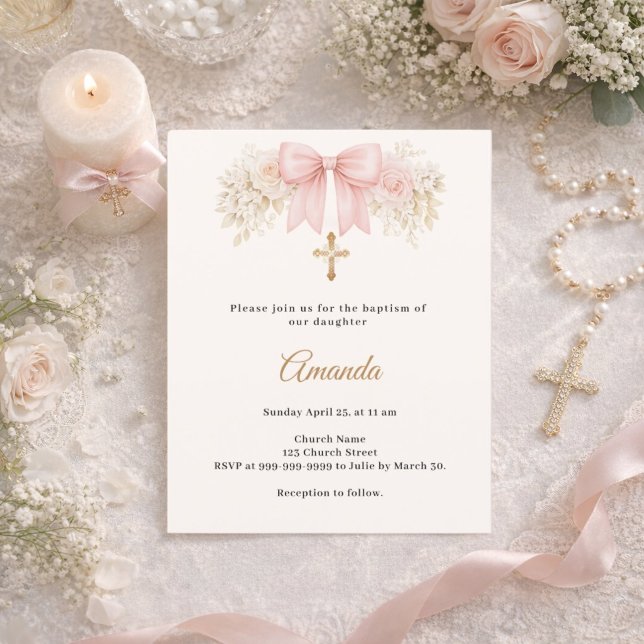 Baptism Bow Blush Pink Florals Cross Invitation (Créateur téléchargé)
