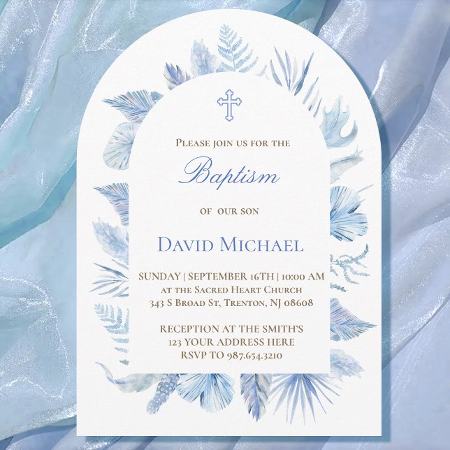 Baptism boy pastel blue foliage invitation (Créateur téléchargé)