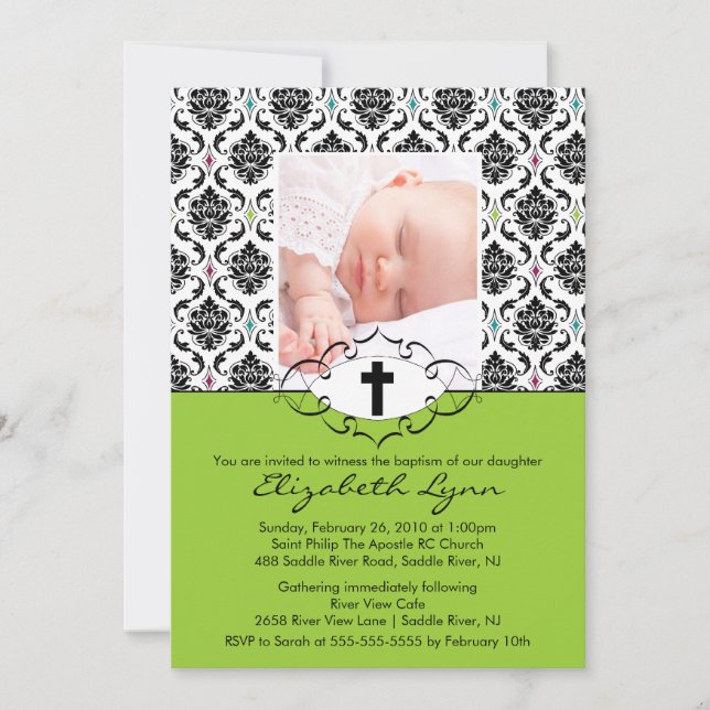 Baptism Christening Invitations Photo Black Damask (Devant)