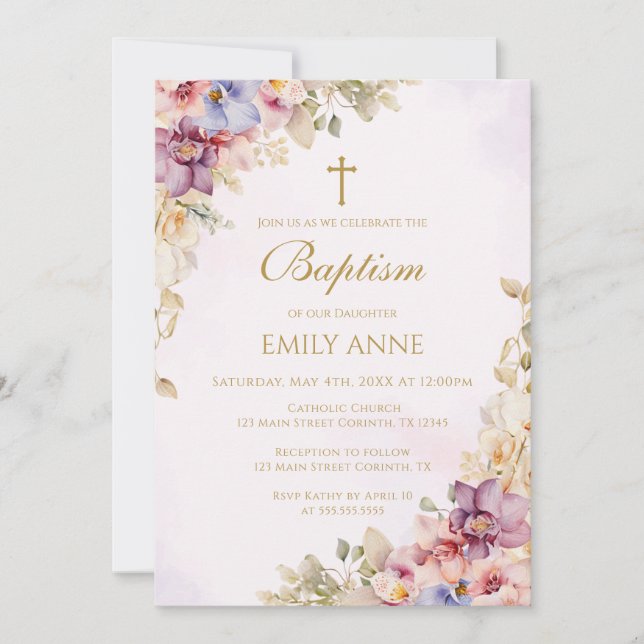 Baptism Floral Orchids Invitation (Devant)