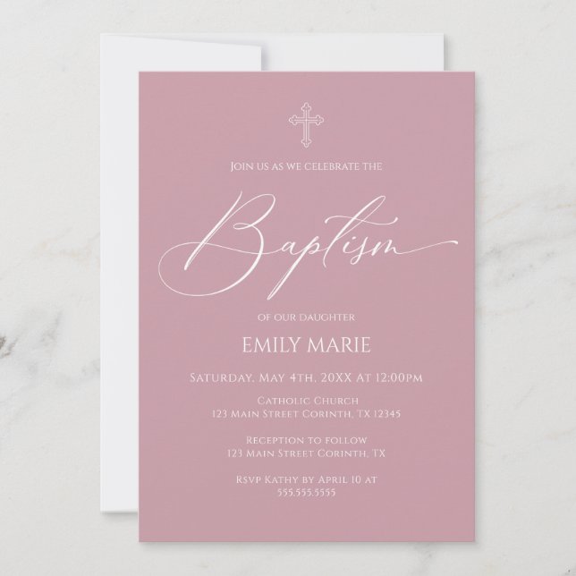Baptism God Bless Mauve Invitation (Devant)
