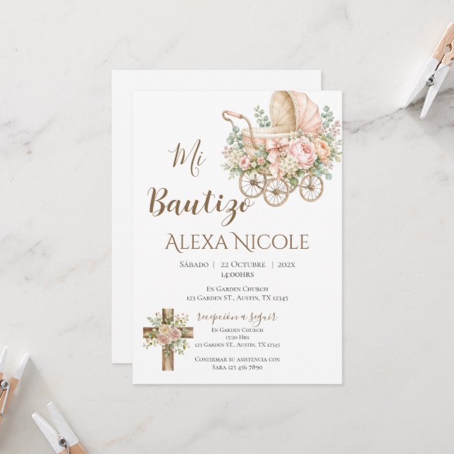 Baptism Invitation in Spanish Boho (Devant/Arrière en situation)