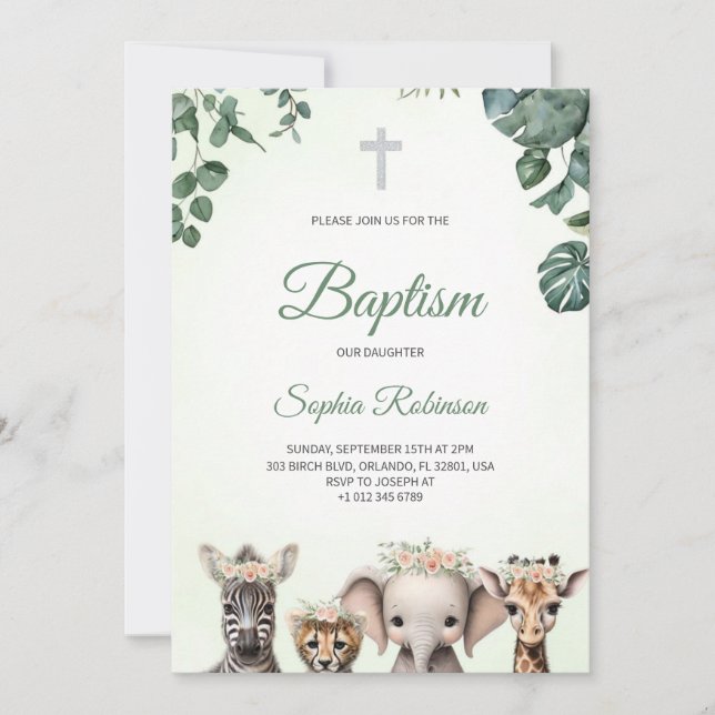 Baptism invitation in watercolour jungle themed  (Devant)