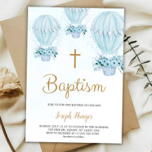Baptism invitation with blue hot air balloon