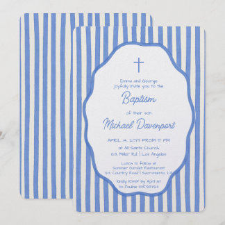 Baptism invitation with fancy blue pinstripes