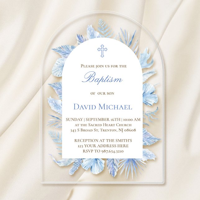 Baptism pastel blue foliage acrylic invitation (Créateur téléchargé)