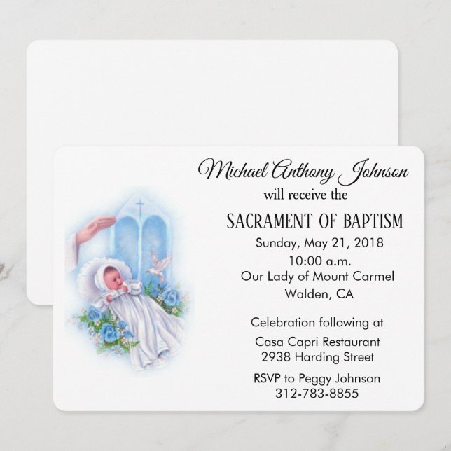 Baptismal Baby Boy Blue Flowers Invitation (Devant / Derrière)
