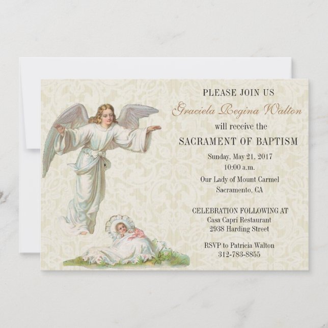 Baptismal Baby Girl Angel Invitation vintage (Devant)